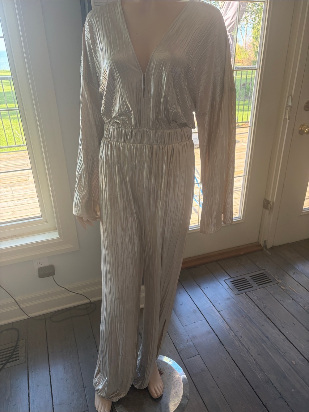Metallic Silver Pleated Wide-Leg Jumpsuit BY MISA LOS ANGELES